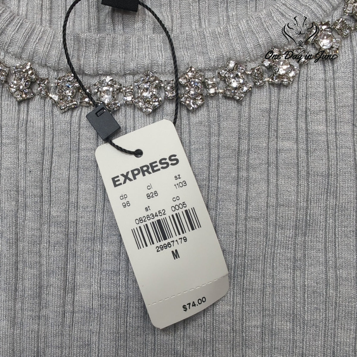 Express Ribbed Long Sleeve Top Jeweled Rhinestone Neckline Gray NWT Size M