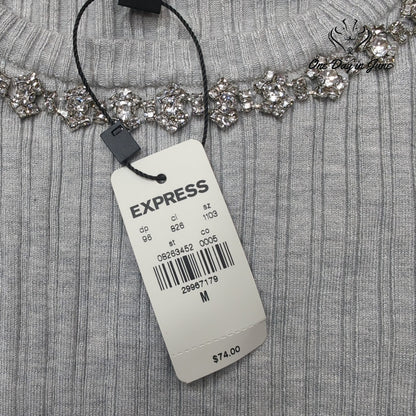 Express Ribbed Long Sleeve Top Jeweled Rhinestone Neckline Gray NWT Size M