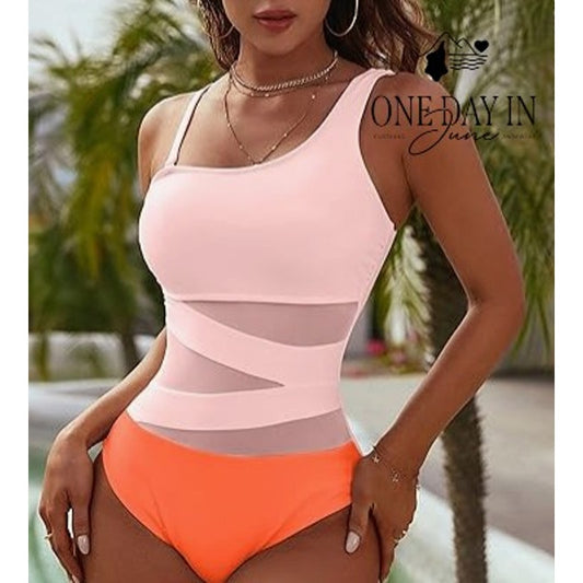 Blooming Jelly One Shoulder Mesh One Piece Swimsuit Size L