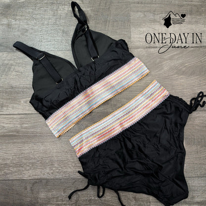 Aleumdr V Neck High Waist Drawstring Bikini Swimsuit Size L