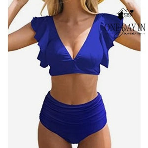 Sporlike Ruffle Shoulder High Waist Bikini Swimsuit Royal Blue NWT Size L