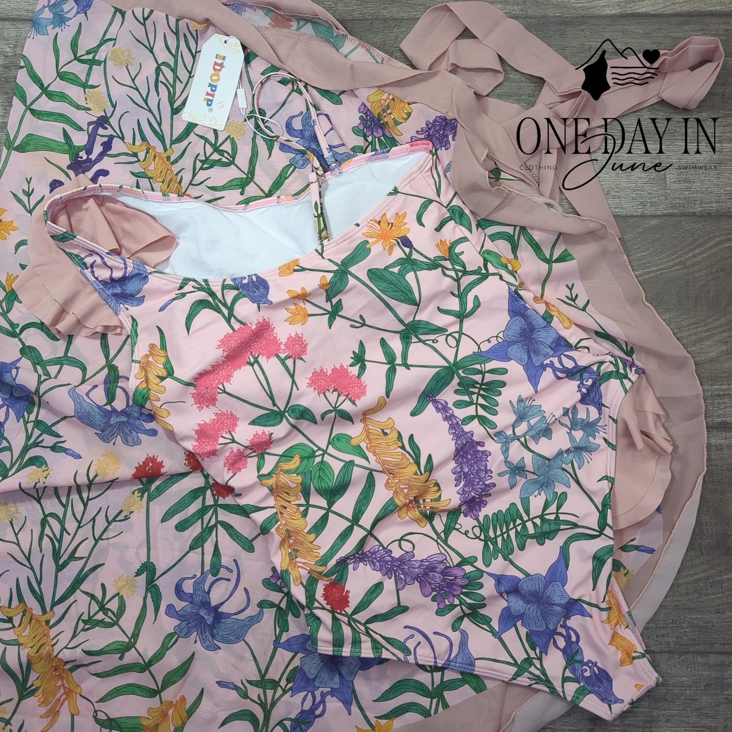 Idopip Ruffle One Shoulder One Piece Sarong Swimsuit Size M