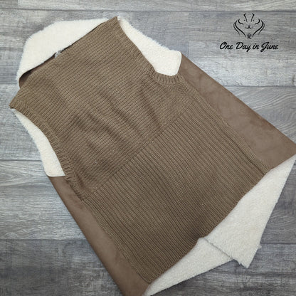 Chelsea & Theodore Faux Suede Faux Fur Sherpa Draped Vest Brown Cream NWT Size L