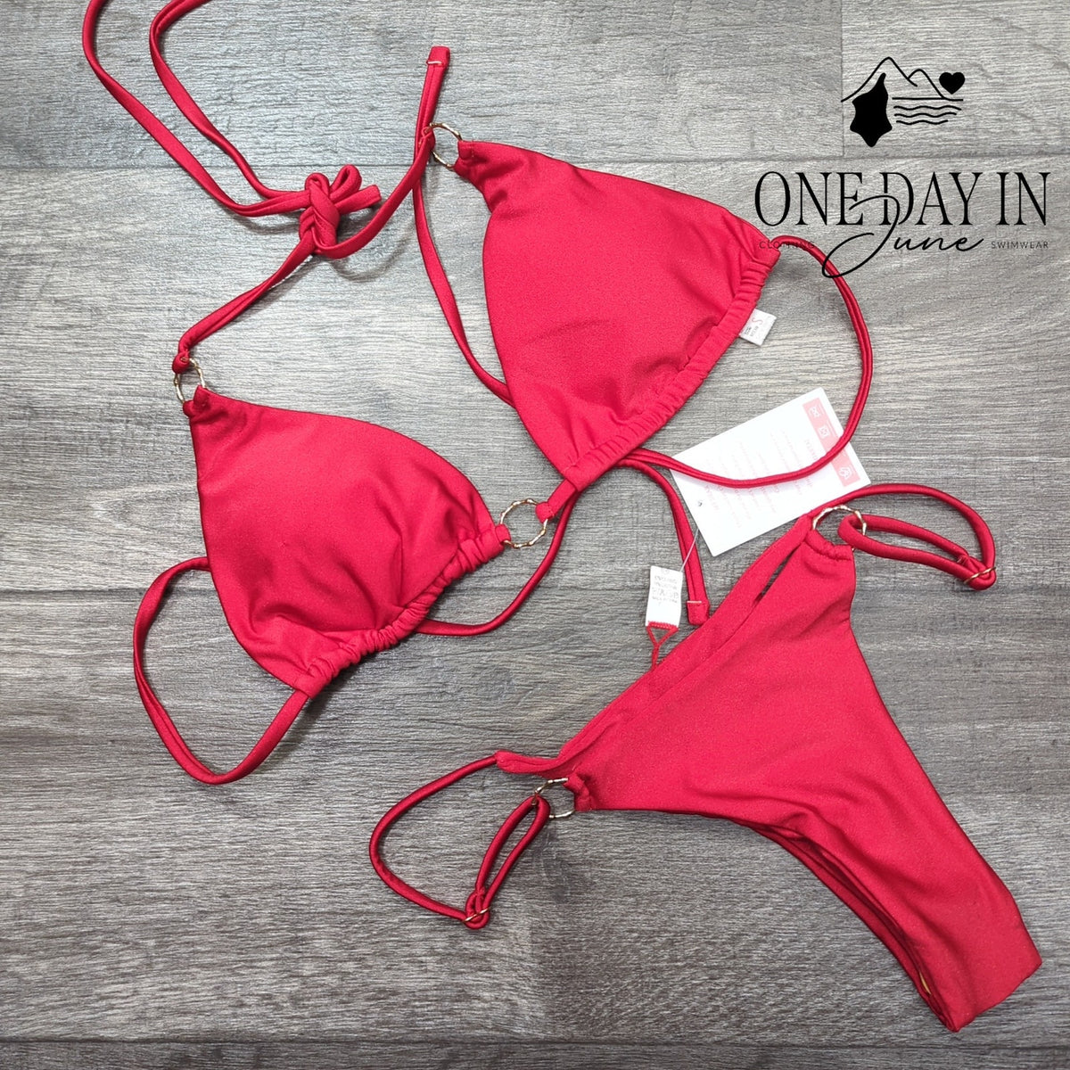 Miketai Triangle Thong Bikini Swimsuit Red Gold O-Ring NWT Size S