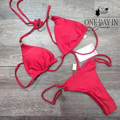 Miketai Triangle Thong Bikini Swimsuit Red Gold O-Ring NWT Size S