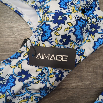 Aimage NWT Floral Crop Bikini Swimsuit Blue White High Waist 2 Piece Size M