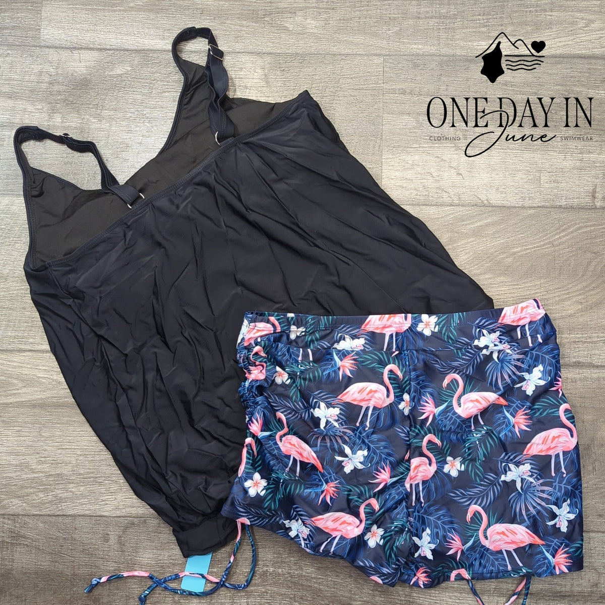 Yonique Blouson Tankini Swimsuit Black Flamingo Print Boyshorts NWT Size XL