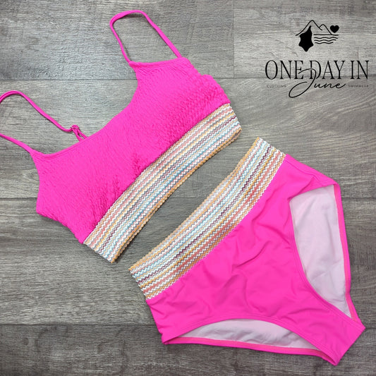 Blooming Jelly Smocked Crop Bikini Swimsuit Hot Pink High Waist 2 Piece Size M