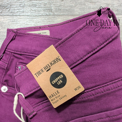 True Religion Halle Super Skinny Jeans Boysenberry Purple Zip Ankle NWT Size 2