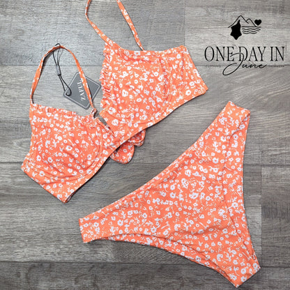 Zaful Floral Underwire Bikini Set Orange White Tie Back High Cut NWT Size L