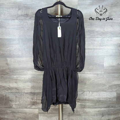Gold Hawk Silk Caplet Dress Black Sheer Sleeve Asymmetrical NWT $273 Size S