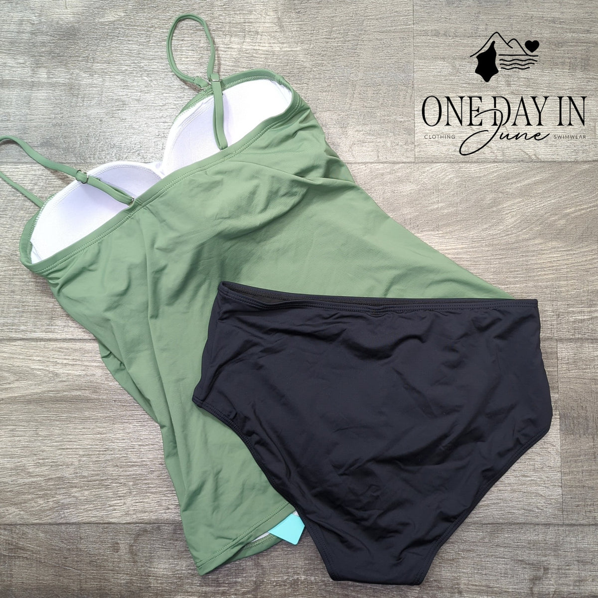 Aqua Eve Bandeau Tankini Swimsuit Green Black Tummy Control NWT Size L