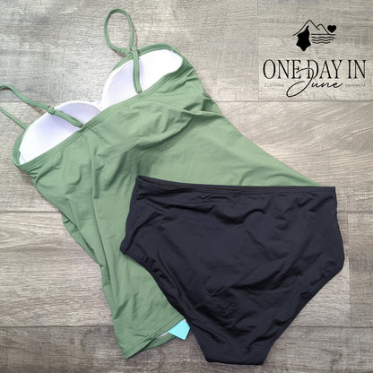 Aqua Eve Bandeau Tankini Swimsuit Green Black Tummy Control NWT Size L