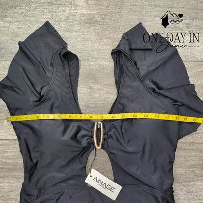 Aimage One Piece Swimsuit Black Ruffle Keyhole Cutout Padded NWT Size XL