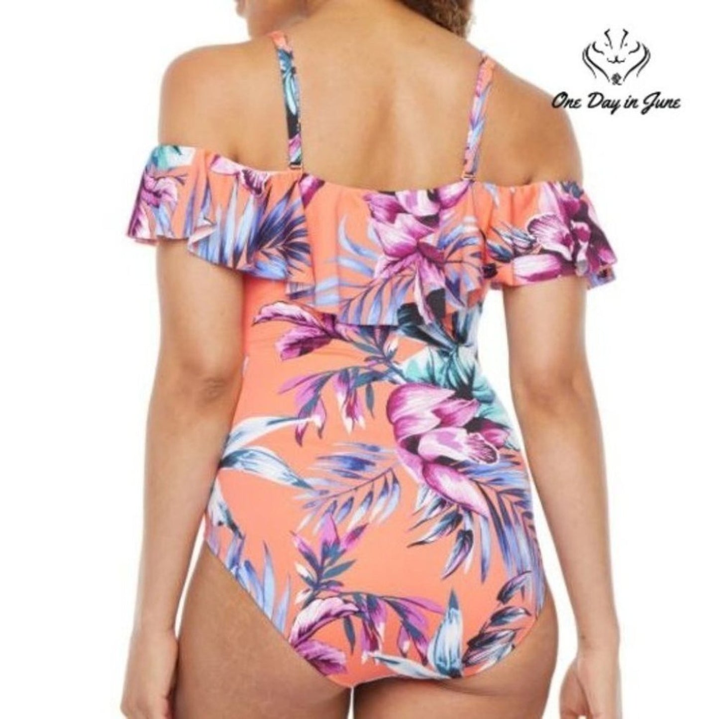 Liz Claiborne Swimsuit Coral Floral Ruffle Cold Shoulder One Piece Size 6