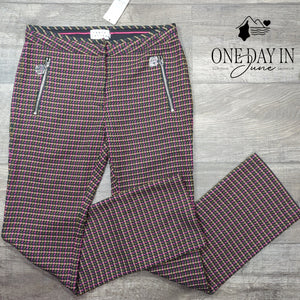 Tanya Taylor Ryan Pants Houndstooth Pink Green Zip Pockets NWT Size 4