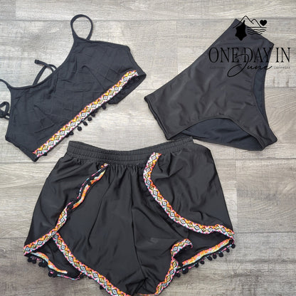 CharmLeaks 3 Piece Bikini Swimsuit Black Pom Pom Trim Shorts Boho Size 0XL