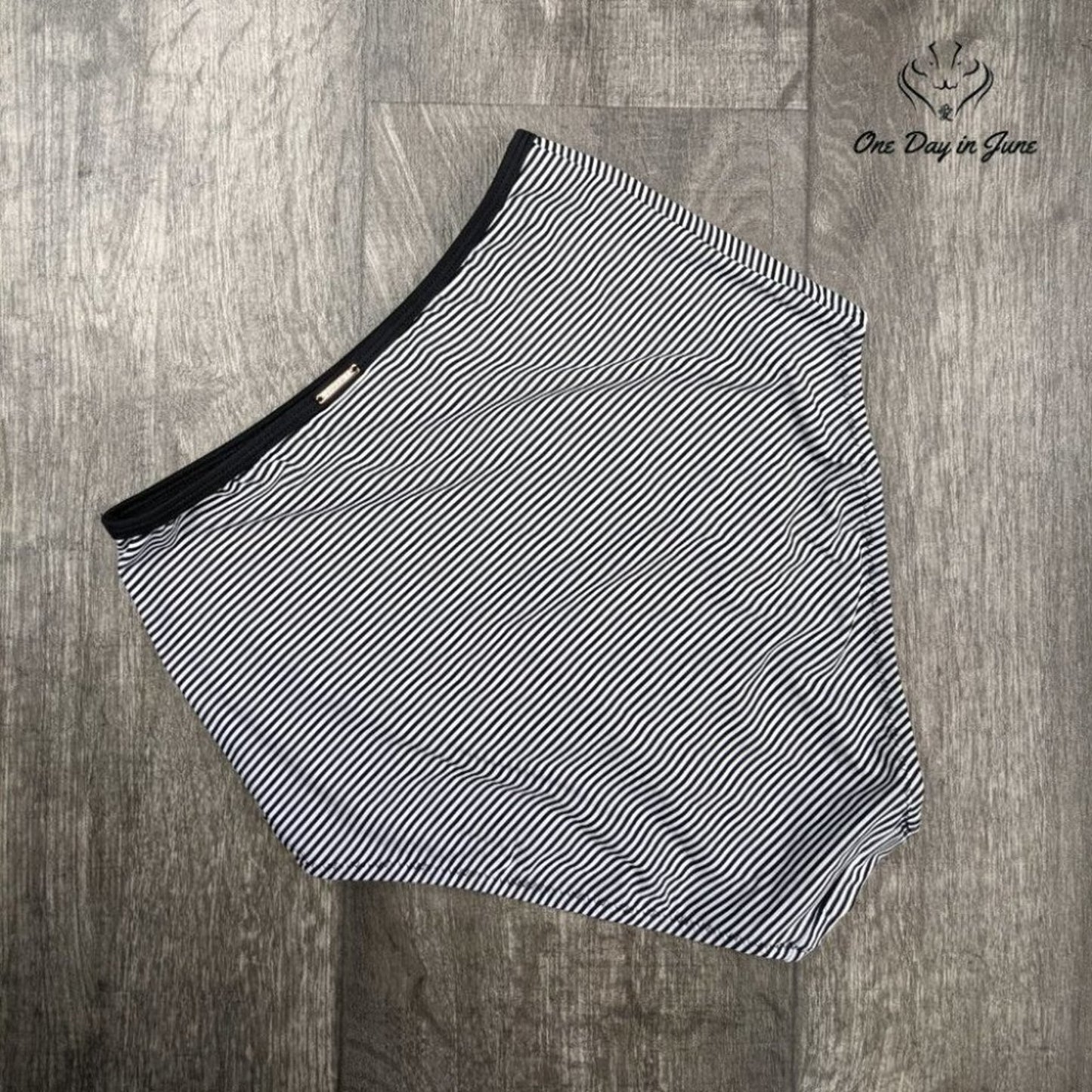 Relleciga High Cut High Waist Bikini Bottom Black White Striped Swimwear Size S