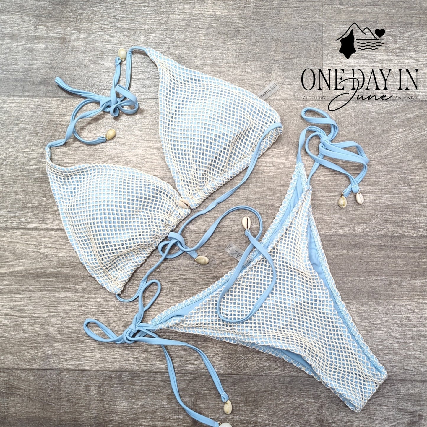 Zaful NWT Fishnet Bikini Set Light Blue Shell Tie Side High Cut Swim Size XL