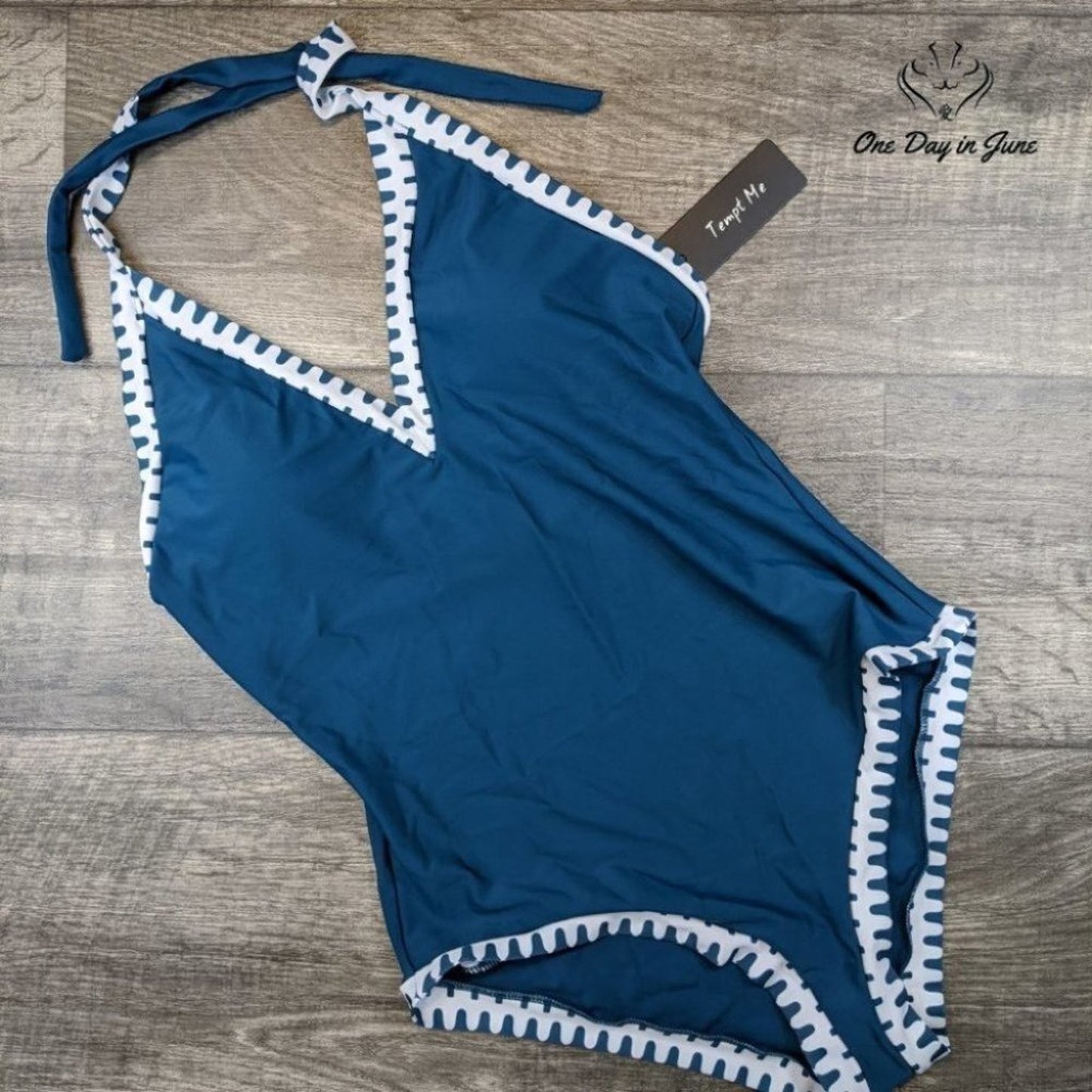 Tempt Me Vintage Deep V Neck Halter Backless Monokini Size L