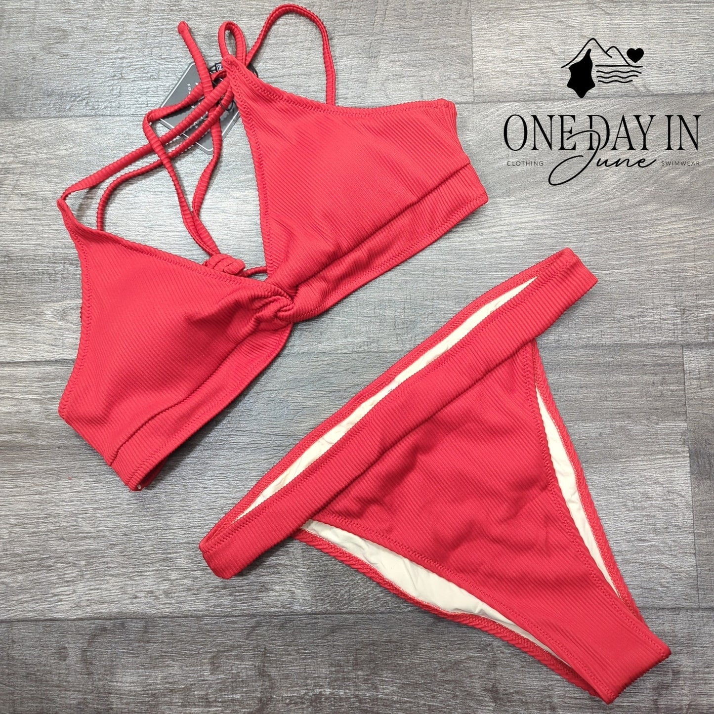 Zaful Ribbed Bikini Swimsuit Red High Cut Knot Strappy Two Piece NWT Size L