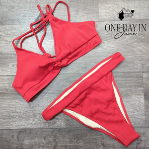 Zaful Ribbed Bikini Swimsuit Red High Cut Knot Strappy Two Piece NWT Size L