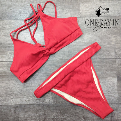 Zaful Ribbed Bikini Swimsuit Red High Cut Knot Strappy Two Piece NWT Size L