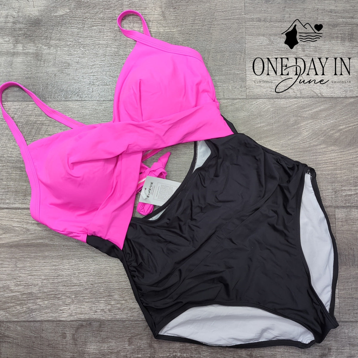 Eomenie Cross Front Cut Out One Piece Swimsuit Pink Black NWT Size XL