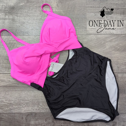 Eomenie Cross Front Cut Out One Piece Swimsuit Pink Black NWT Size XL