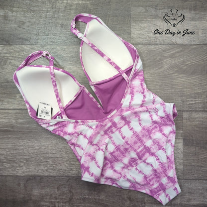 Bar III Summer Stripes Plunge One Piece Swimsuit NWT $88 Fuchsia Size M