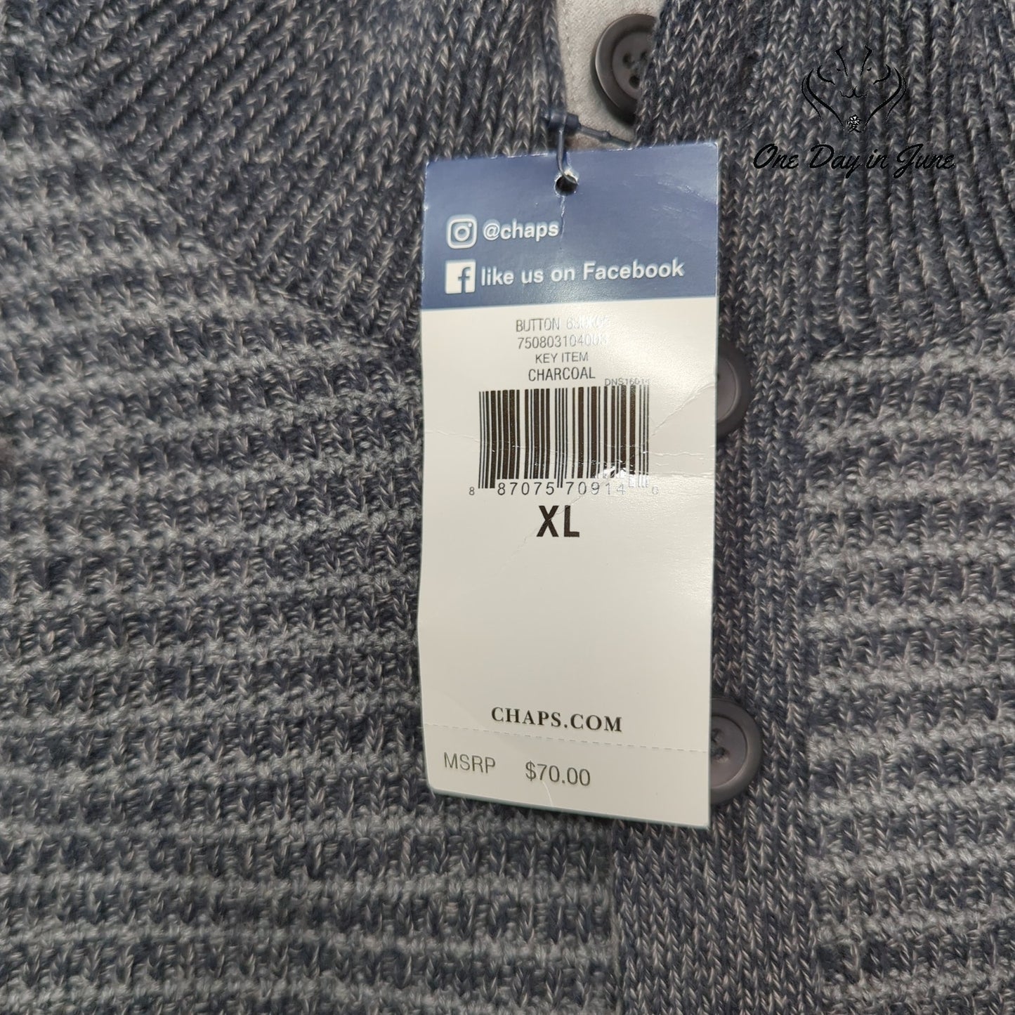 Chaps Button Mock Neck Stripe Sweater Charcoal Gray Elbow Patch NWT $70 Size XL