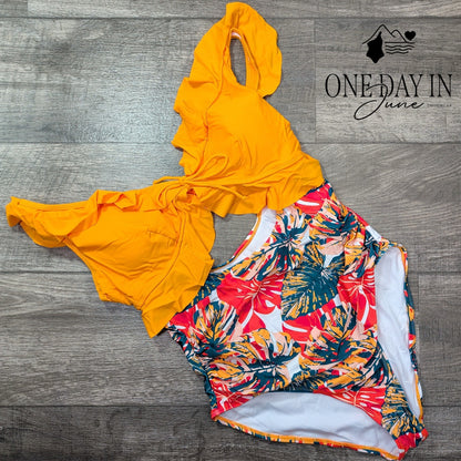 Eomenie Ruffle Shoulder Tie Back Cut Out One Piece Swimsuit Size L