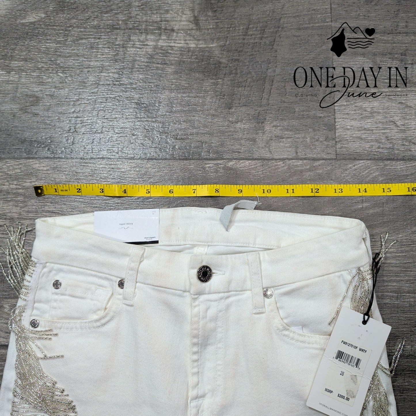 7 For All Mankind Jeans White Beaded Fringe Mid Rise Ankle Skinny NWT Size 2 (26