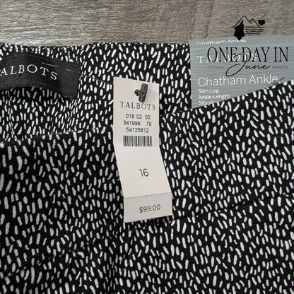 Talbots Chatham Slim Leg Ankle Pants Black White Print NWT $99 Size 16