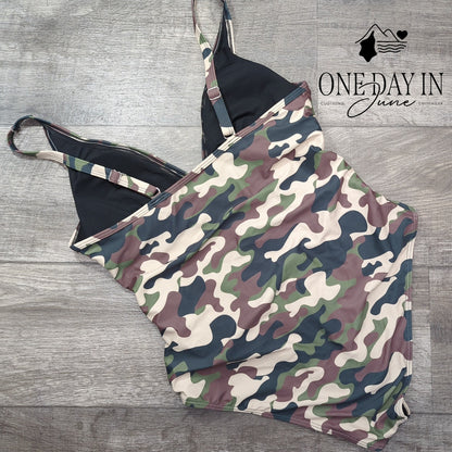 Adisputent Camo Mesh Cutout One Piece Swimsuit Plunge Neck Ruched Size L