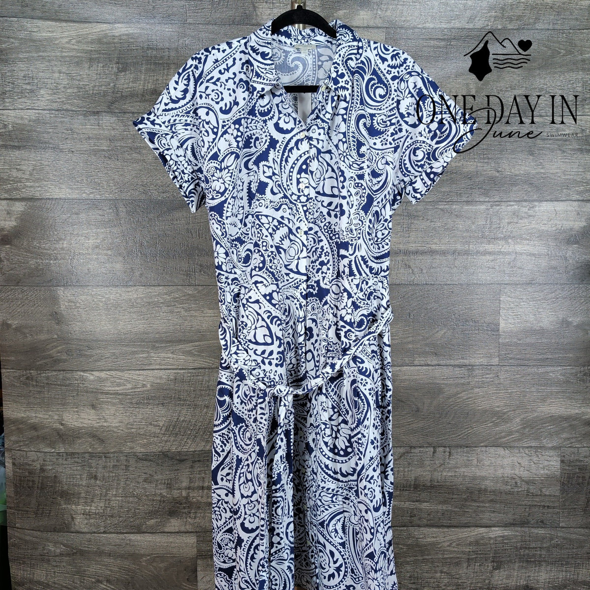 Talbots Paisley Button Front Belted Midi Shirtdress Navy White NWT Size 14