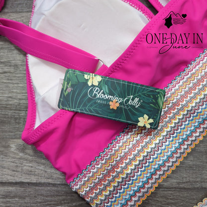Blooming Jelly Bikini Swimsuit Hot Pink High Waist Ruched NWT Size L
