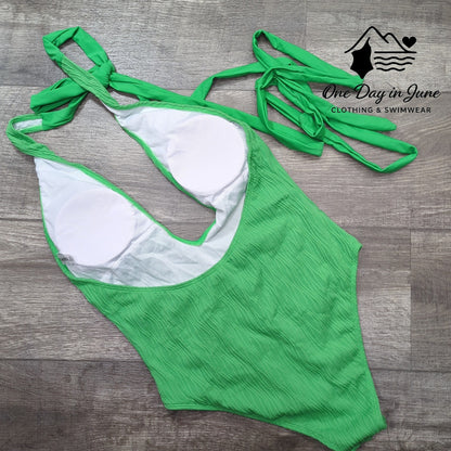 Zaful Textured Deep V Wrap Tie One Piece Swimsuit Size M