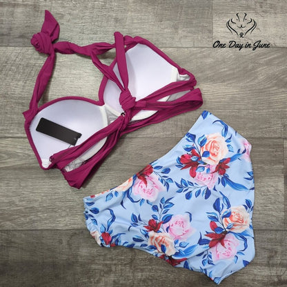 Tempt Me Vintage Cross Front Halter Bikini Swimsuit Size L