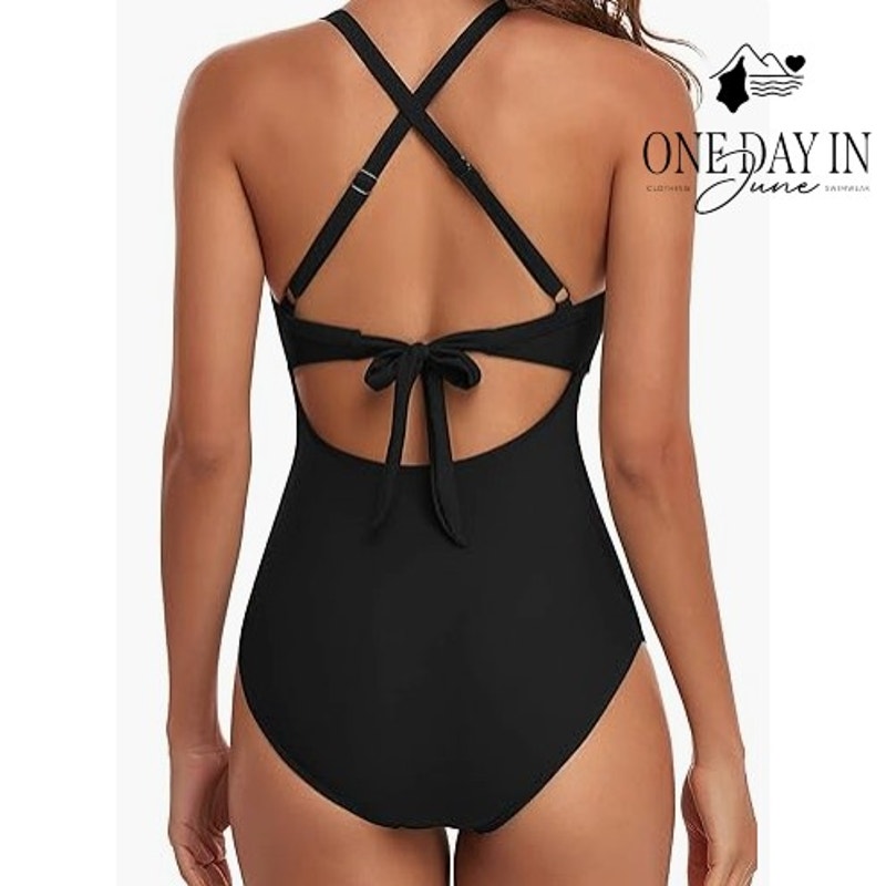 Eomenie Tummy Control Cutout Tie Back One Piece Swimsuit Black NWT Size S