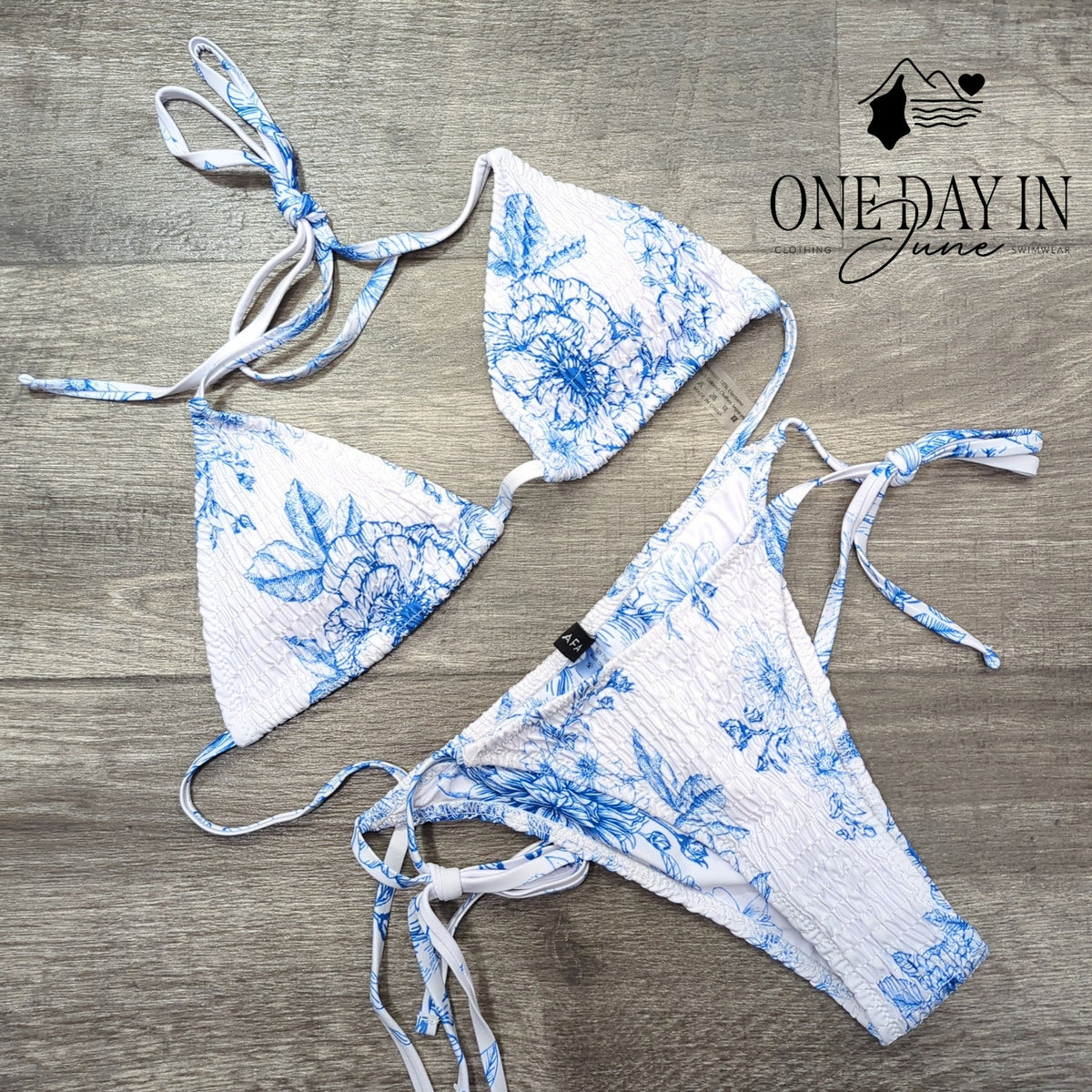 Volafa Smocked Triangle Tie Side Cheeky Bikini Swimsuit Blue White Size M
