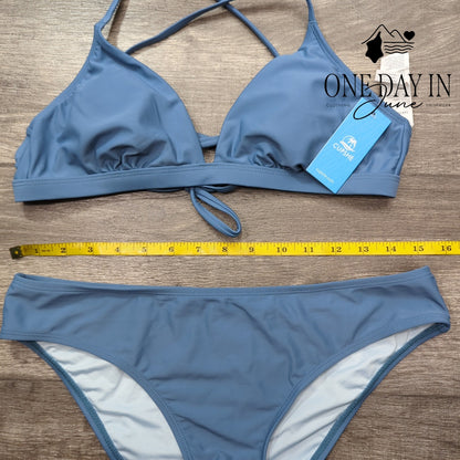 Cupshe Bikini Swimsuit Blue V Neck Criss Cross Tie Back 2 Piece NWT Size M