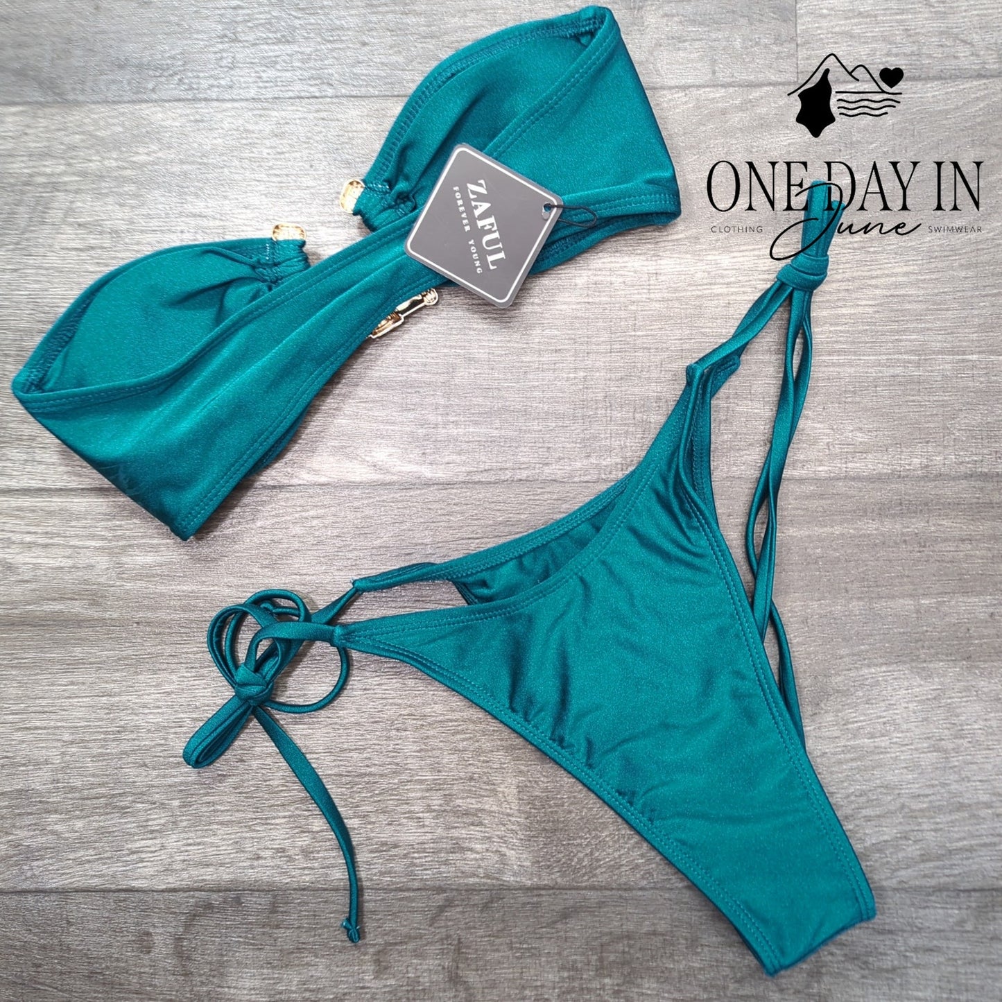 Zaful Bandeau Bikini Swimsuit Teal Gold Hardware Tie Side NWT Size S