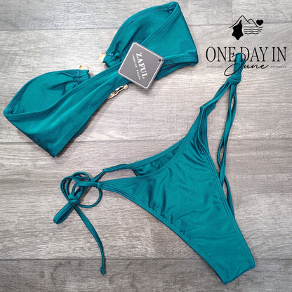 Zaful Bandeau Bikini Swimsuit Teal Gold Hardware Tie Side NWT Size S