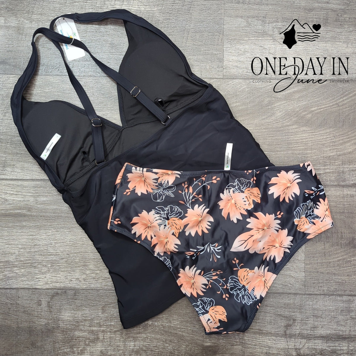 Beachsissi V Neck Ruched Cross Back Tankini Swimsuit Black Floral NWT Size L