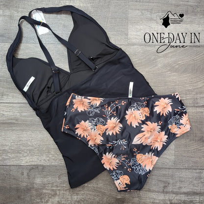 Beachsissi V Neck Ruched Cross Back Tankini Swimsuit Black Floral NWT Size L