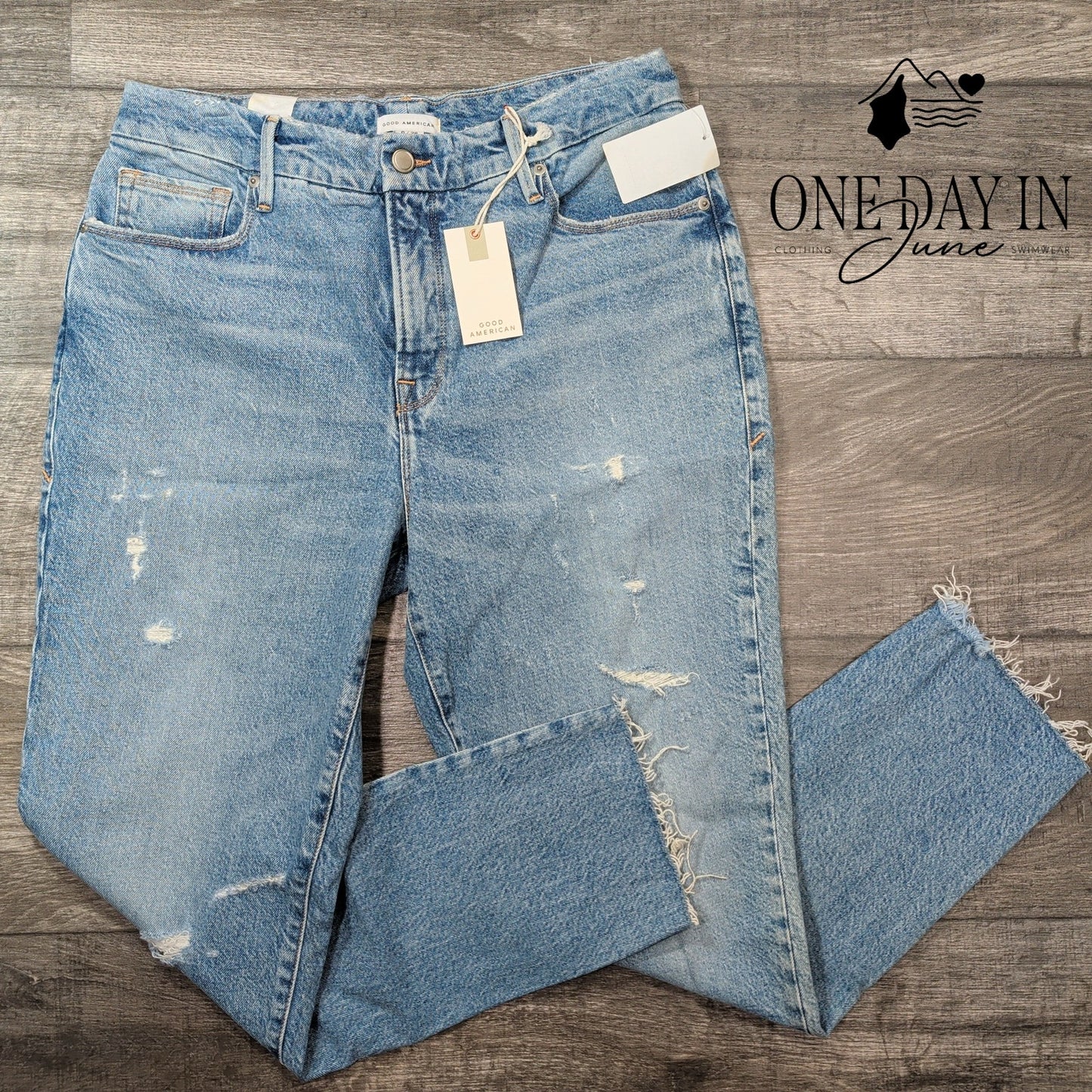 Good American Distressed Raw Hem Jeans Indigo046 NWT $159 Size 6