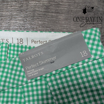 Talbots Perfect Skimmer Pedal Pusher Pants Green White Gingham NWT Size 18