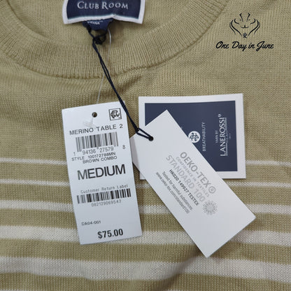 Club Room Merino Wool Blend Striped Crewneck Sweater Brown Tan NWT Size M