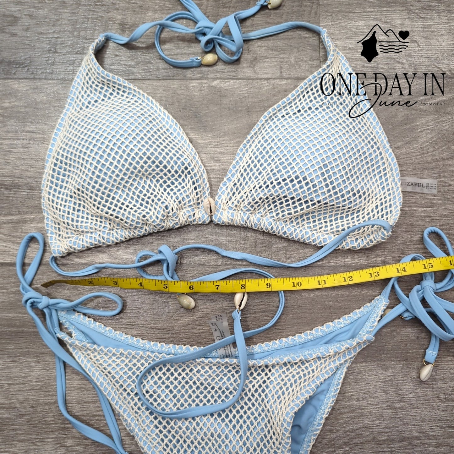 Zaful NWT Fishnet Bikini Set Light Blue Shell Tie Side High Cut Swim Size XL